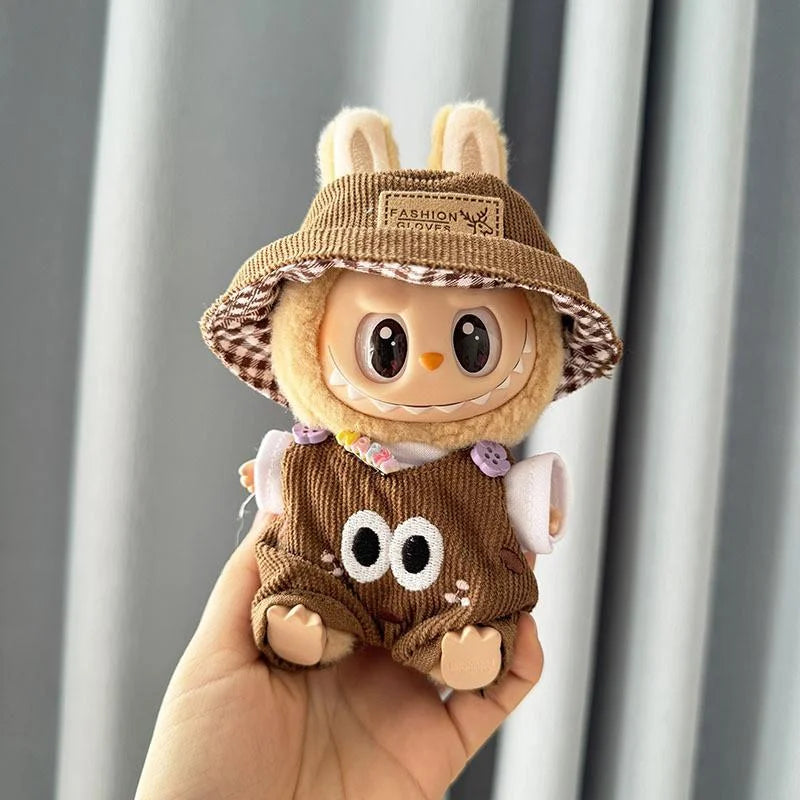 EZ For 17cm labubu V1 V2 baby clothes bear overalls outfit plush vinyl face labubu doll pendant clothes