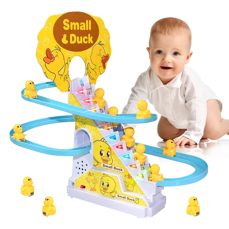 EZ Climbing Stairs Track Toys Electric Duck DIY Rail Racing Track Roller Coaster Toys Set Light Music Educational Toy For Kids Gift