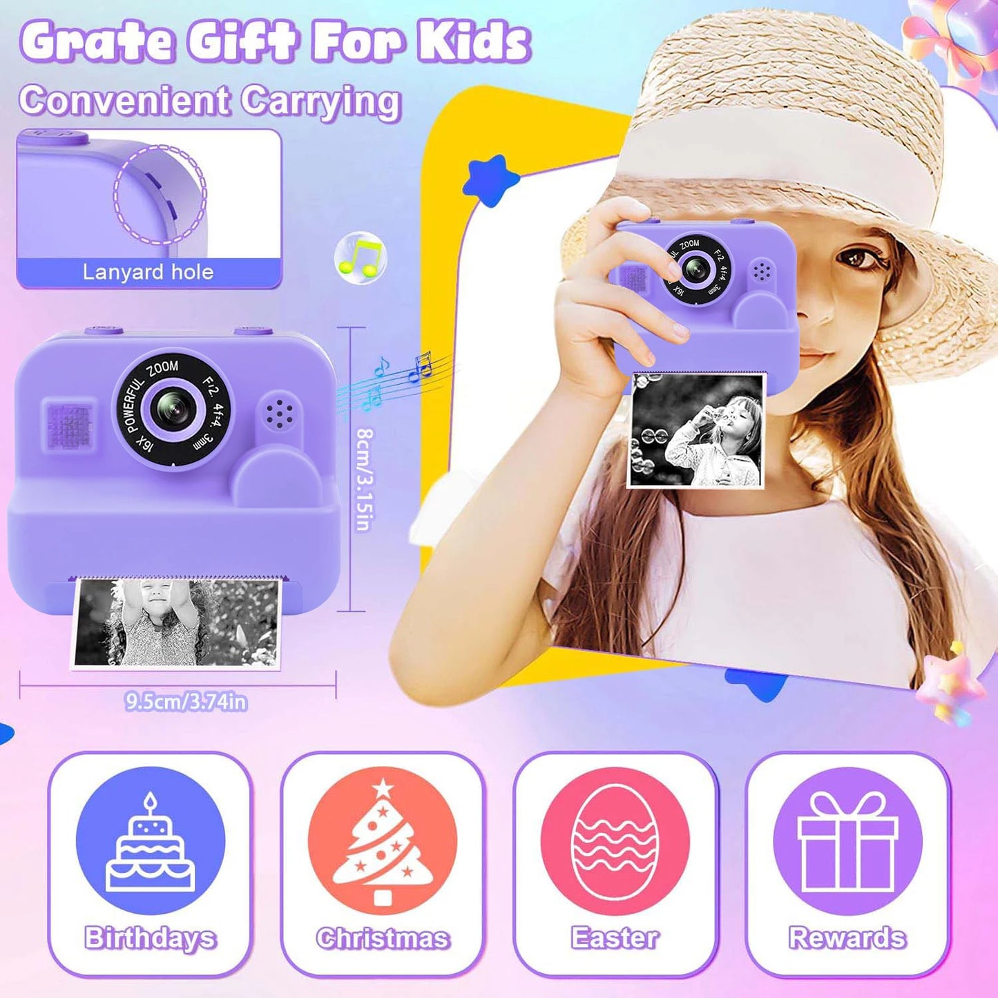 EZ Kids Camera Instant Print Toddler Cameras Thermal Printing Camera Birthday Gifts Toys For Boy Girl Age 3-12 With MP3 Video Game