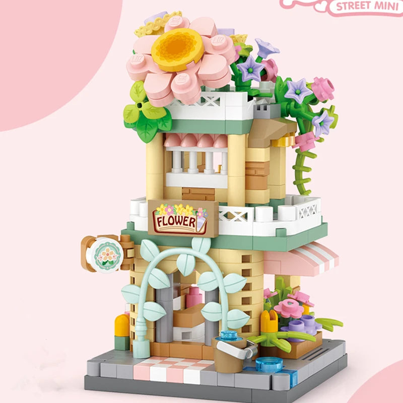EZ NEW Panda Pet Coffee Ice Cream Flower Shop Store Street View Food House Building Blocks Kit Girls Bricks Model Kids Toy Children