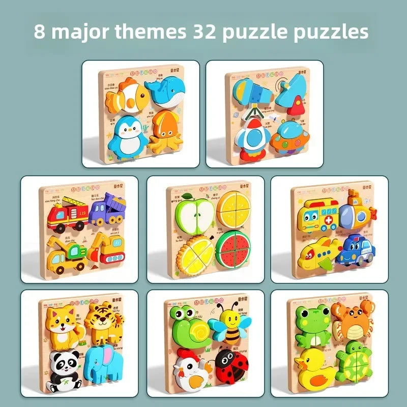 EZ Montessori Cartoon 3D Wooden Puzzle Animal Traffic Jigsaw Toys for Kids Early Learning Educational Cognitive Game Children Gifts
