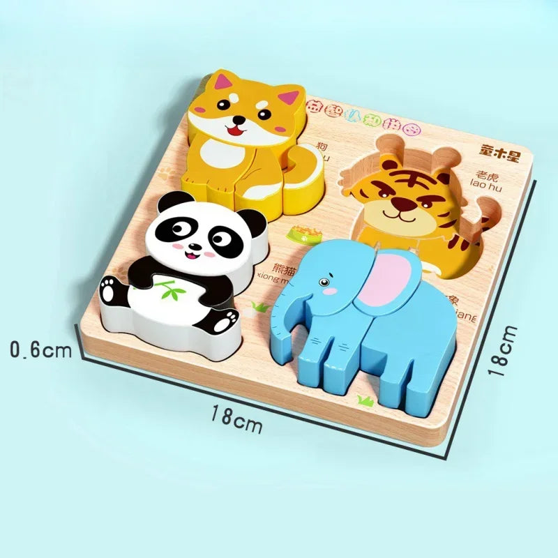 EZ Montessori Cartoon 3D Wooden Puzzle Animal Traffic Jigsaw Toys for Kids Early Learning Educational Cognitive Game Children Gifts