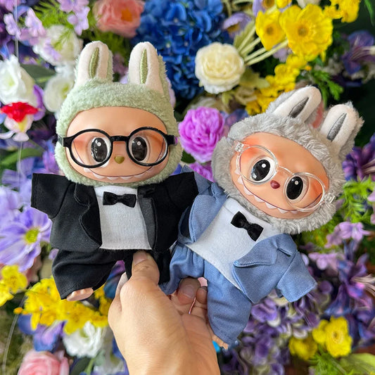 EZ 17cm Mini Plush Doll's Clothes Outfit Accessories For Labubu Idol Doll Bow Tie Men's Suit With Glasses Clothing Birthday Gift
