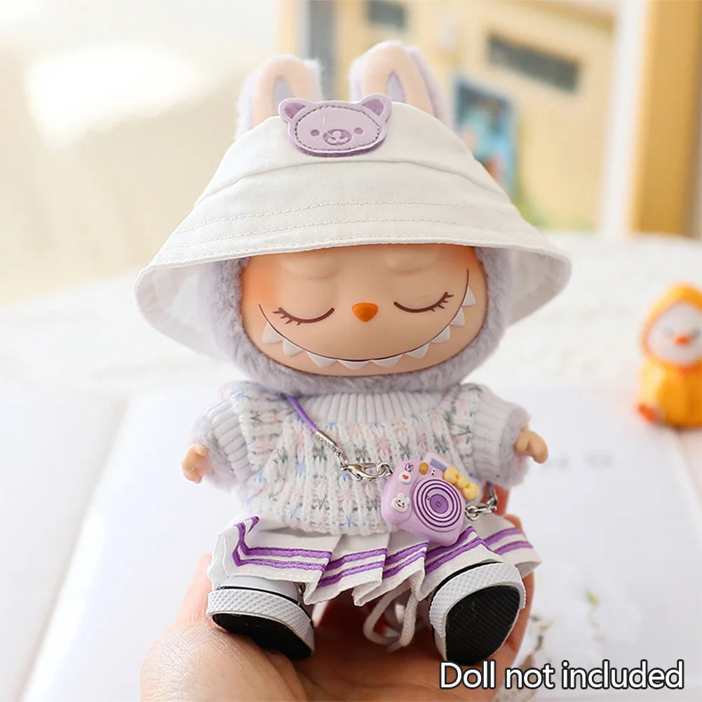 EZ Labubu Doll Clothes Set for V1/V2 Dolls Macaron JK Pleated Skirt with Camera and Shoes
