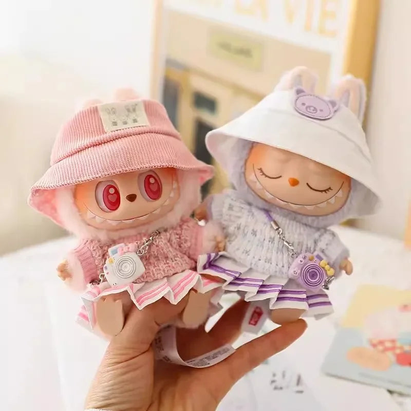 EZ Labubu Doll Clothes Set for V1/V2 Dolls Macaron JK Pleated Skirt with Camera and Shoes