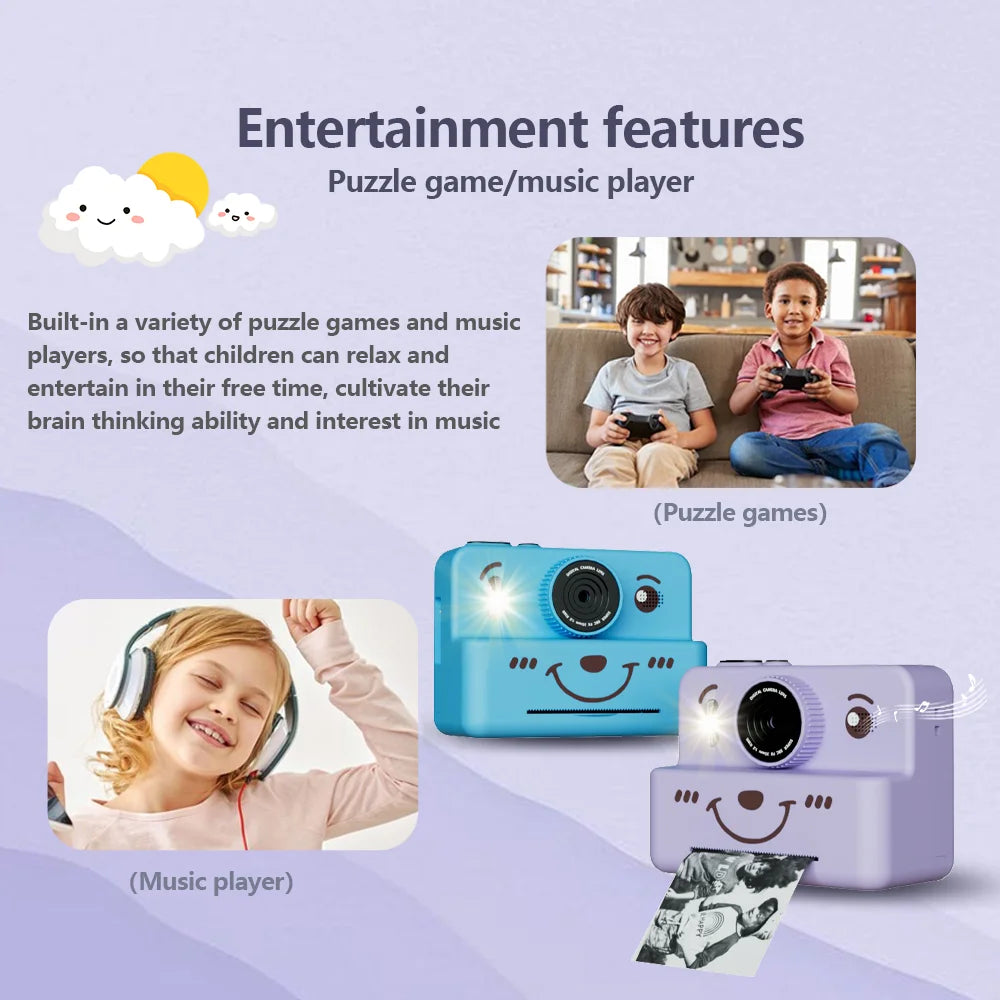 EZ kids instant camera with 3 rolls thermal paper photo&video&games 1080p HD screen 1500mAh lithium battery  gift for boys&girls
