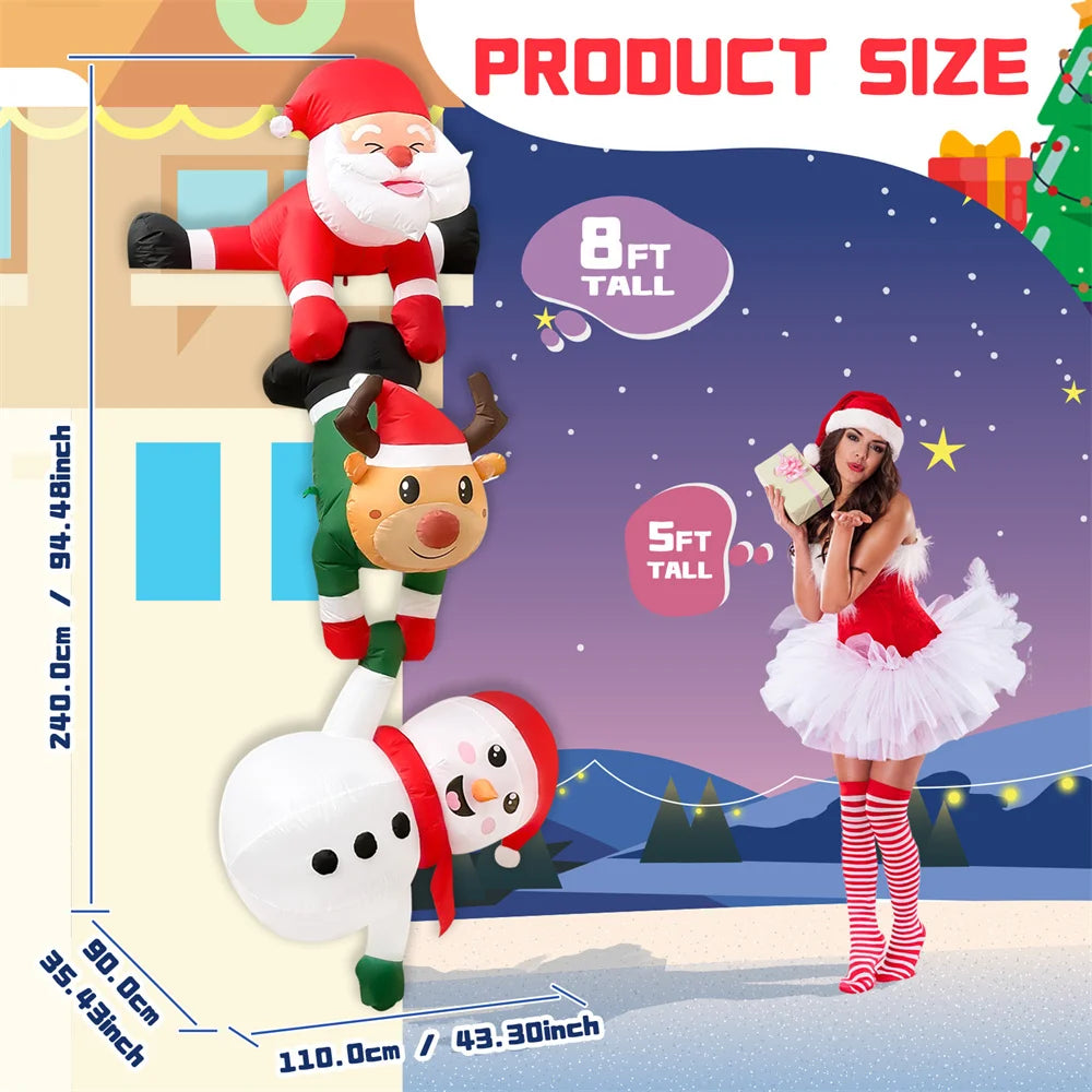 EZ 8FT Inflatable Christmas Climbing Santa Claus with Reindeer & Snowman, Built-in LED for Outdoor Beam Roof Tree Party Yard Decor