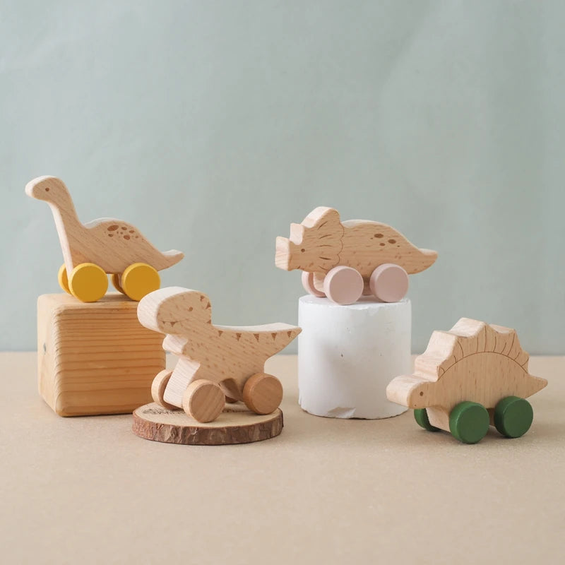 EZ Wooden Baby Car Toys Beech Wooden Dinosaur Cartoon Car Teether Educational Montessori Toys For Children Teething Baby Toys