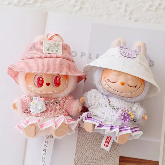 EZ Labubu Doll Clothes Set for V1/V2 Dolls Macaron JK Pleated Skirt with Camera and Shoes