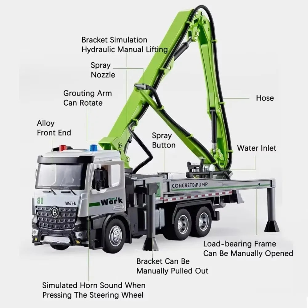 EZ 1:24 Electric Flatbed Trailer Cement Pump Truck Model Toys Diecast Alloy Car Doors Opened Sound Light Vehice Children's Boy Gift