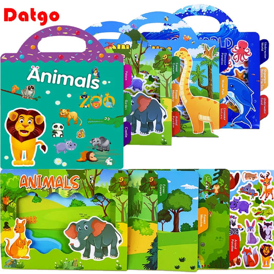 EZ New Children Reusable Scene Cute Stickers DIY Puzzle Sticker Games Books Cartoon Animal Learning Cognition Toys For Kids Gift
