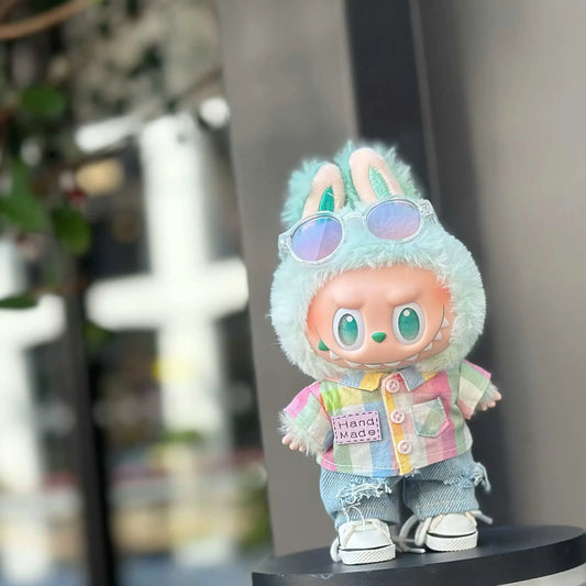 EZ For Ropa Labubu v1/v2/v3 baby doll outfit outing clothes Rainbow Lattice plaid shirt heart-pounding macaron for labubu cloth