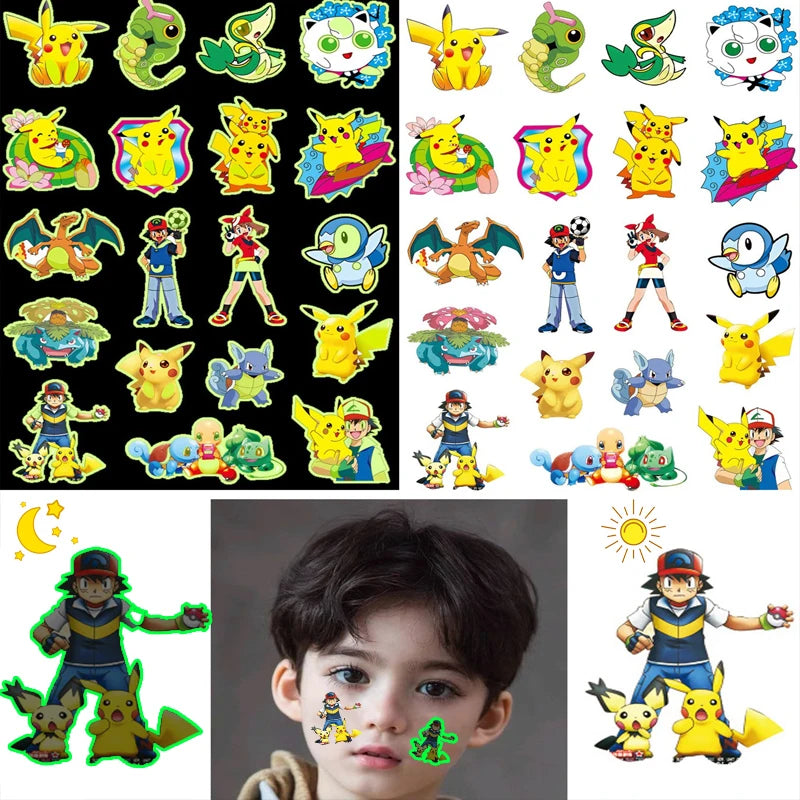 EZ Pokemon Luminous Tattoos for Kids Pikachu Styles Temporary Tattoos Stickers Boys Girls Glow Party Supplies Gifts for Children