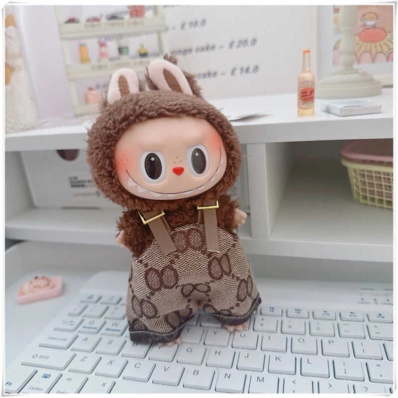 EZ For 17cm Labubu Mini Doll Clothes Outfit Four-leaf Flowers Hat Overalls Clothes Loafer Shoes Doll Accessories Sitting Party