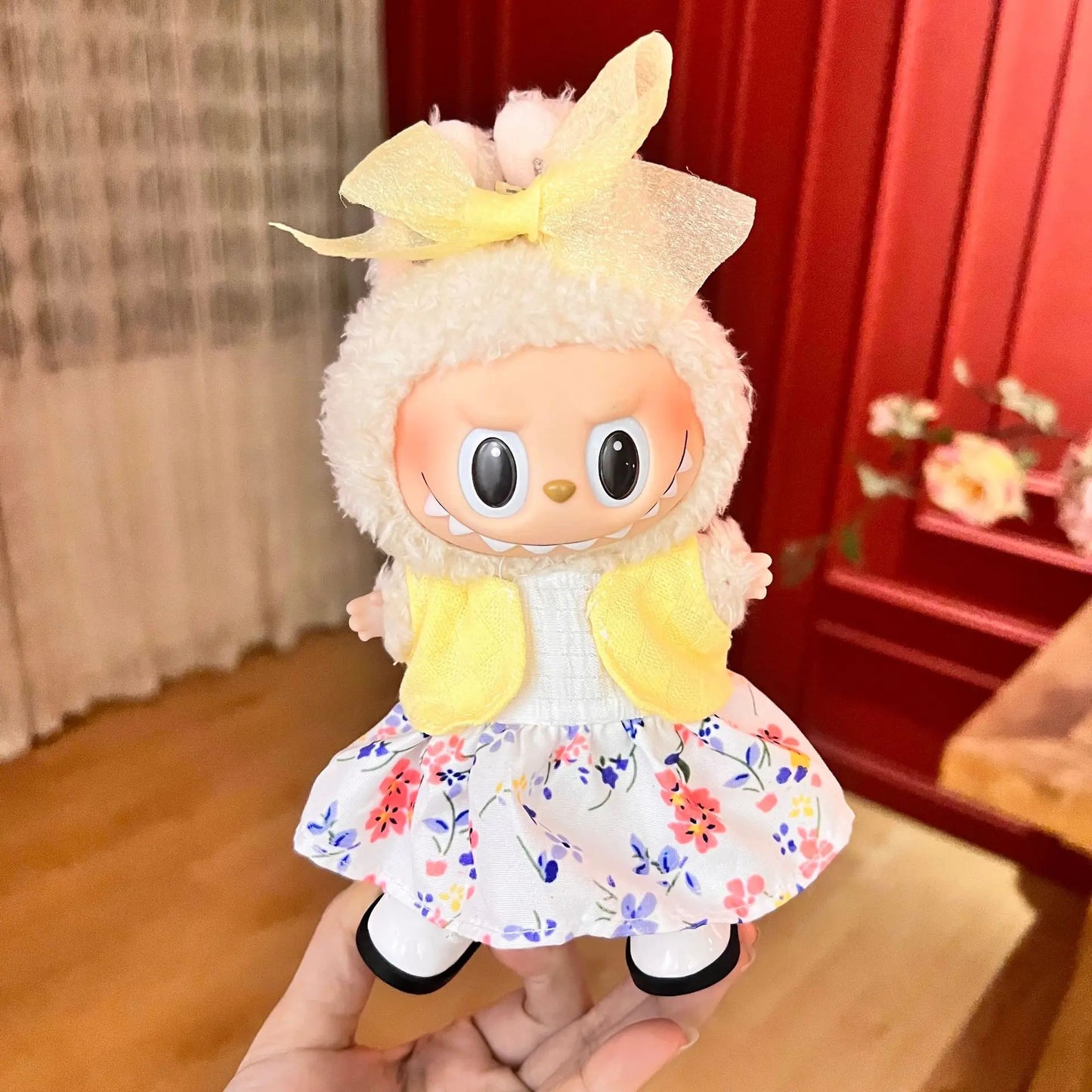 EZ 17cm Mickey Mini Costume Suitable Toy V3 for Labubu Clothes Korean Kpop Idol Pink Bright Silk Bow Princess Dress Birthday Gift
