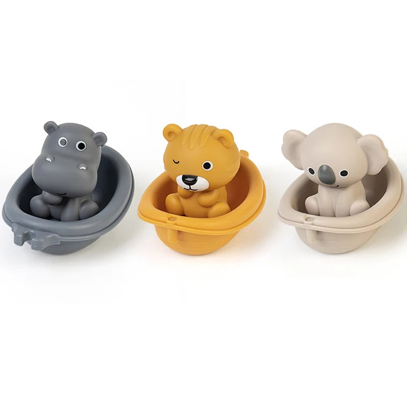 EZ Baby Bath Toys Stacking Bath Boat Toy Silicone Adorable Animal Finger Puppets for Children Interactive Floating Squeeze Toy Gift
