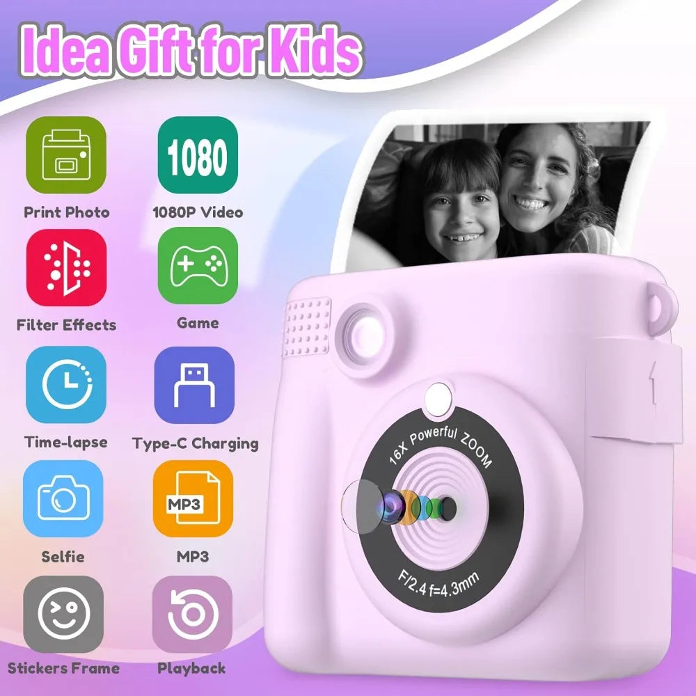 EZ Instant Print Camera for Kids, HD Digital Video Cameras, Portable Toy for 4-10 Year Old Girls Boys with 32GB SD Card-Purple