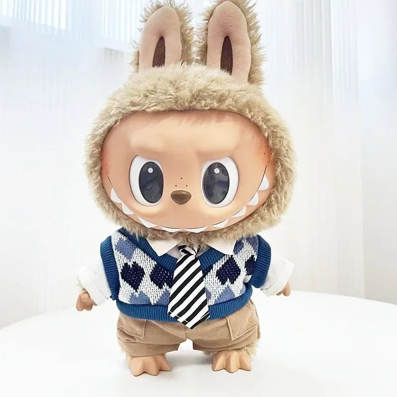 EZ For 38Cm Labubu outfit vinyl plush doll clothes for Korea Kpop Exo Labubu doll clothes striped animal shirt set