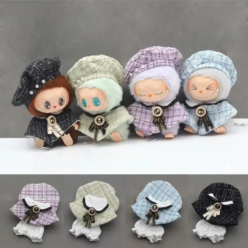 EZ Mini Doll'S Clothes Outfit Accessories For Korea Kpop Exo 15-17cm Labubu Classic Grid Style Dress Cloak Set Beret Clothing Gift