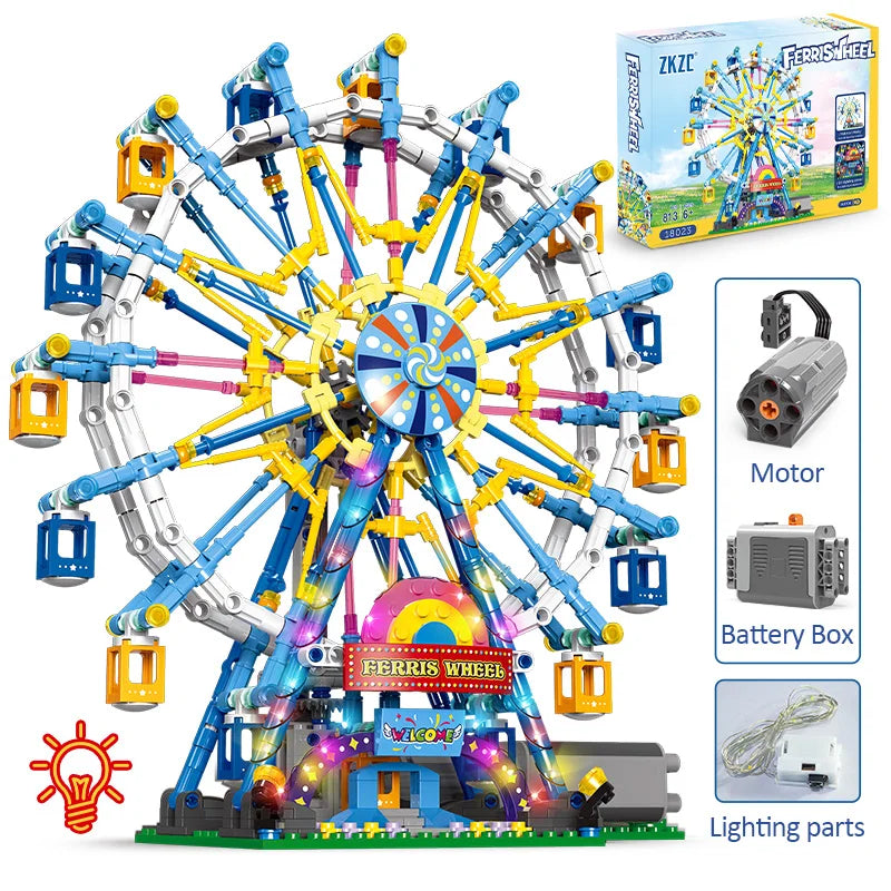 EZ ZKZC City Friends MOC Rotating Ferris Wheel Building Blocks Electric Bricks with Light Toys for Children Christmas Gifts