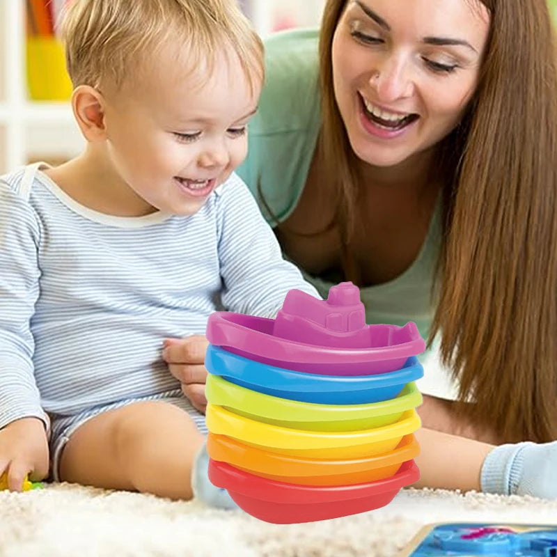 EZ Stacking Cup Bath Toys for Kids Colorful Folding Boat Shape Tower Early Educational Baby Toys Swimming Pool Beach Toys Gifts