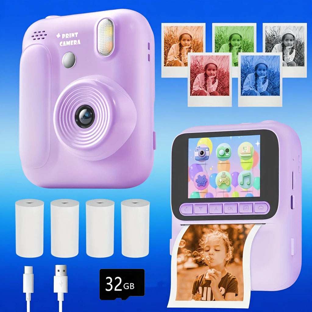 EZ Kids Instant Camera Color Printing Camera 32GB 1080P Thermal Print Toys Camera Print Photo Video Games Music Children Gift