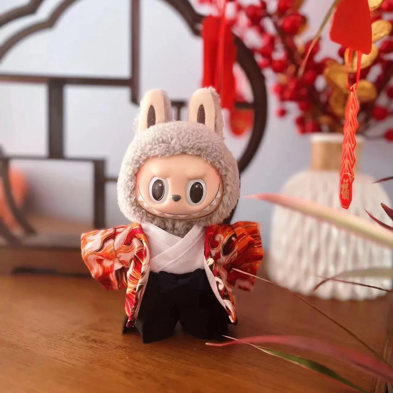 EZ Skull Panda Labubu Japanese Style Dress for 17cm Labubu Doll Outfit Koi Cherry Blossom Pattern Kimono Doll Suit Doll Clothes Set