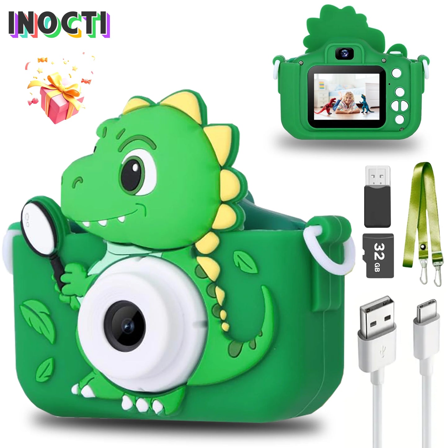 EZ Dinosaur Kids Toy Cameras 1080P HD Video Camera 48MP Dual Camera With Silicone Protective Cover 32GB Card Boy Girl Birthday Gift