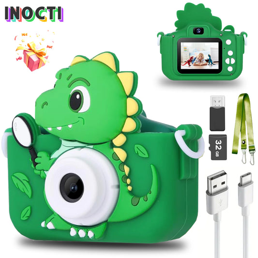 EZ Dinosaur Kids Toy Cameras 1080P HD Video Camera 48MP Dual Camera With Silicone Protective Cover 32GB Card Boy Girl Birthday Gift