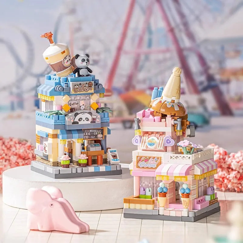EZ NEW Panda Pet Coffee Ice Cream Flower Shop Store Street View Food House Building Blocks Kit Girls Bricks Model Kids Toy Children