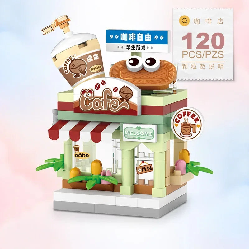 EZ Restaurant Dessert Coffee Pet Fruit Store Street View Food House Building Blocks Kit Girls Bricks Model Kids Toy Boy Child Gifts