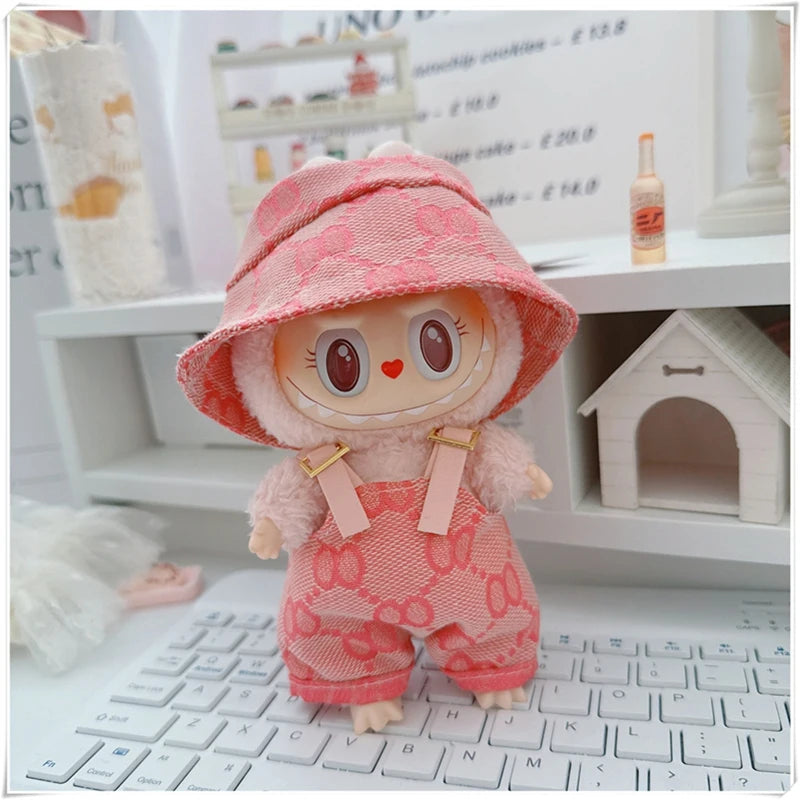 EZ For 17cm Labubu Mini Doll Clothes Outfit Four-leaf Flowers Hat Overalls Clothes Loafer Shoes Doll Accessories Sitting Party