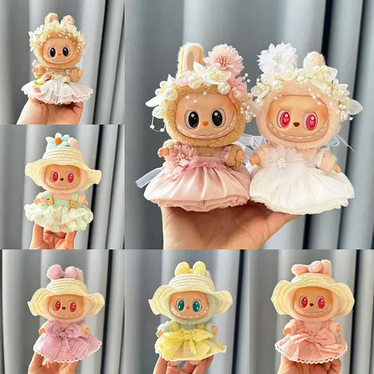 EZ Luxury Plush Wedding Dress Dolls Clothes for Labubu I II Korea Style Fluffy Romantic Wedding Dress Flower Hat Suit for Ladbubu