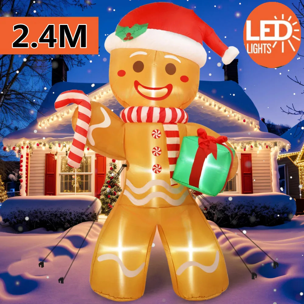 EZ 8FT/2.4M Christmas Inflatables Gingerbread Man with Gift Pack Outdoor Decorations Xmas Yard Decorations with LED Lights for Lawn