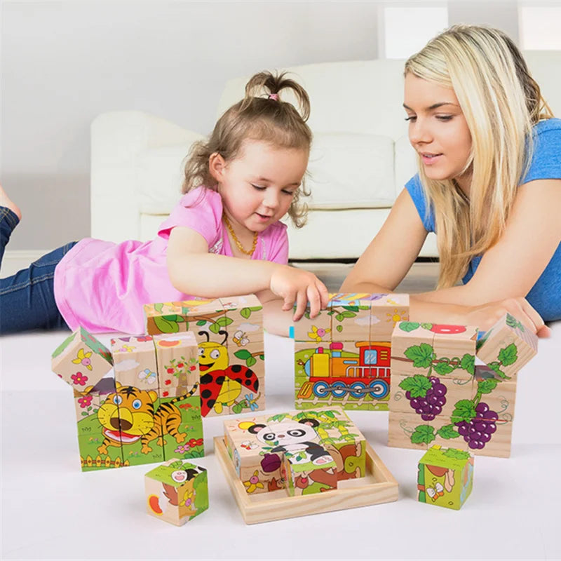 EZ Baby Wooden Blocks Toys Children Six Side Cube Jigsaw Puzzles Game Animal Fruit Traffic Cognize Early Learning Educational Toys