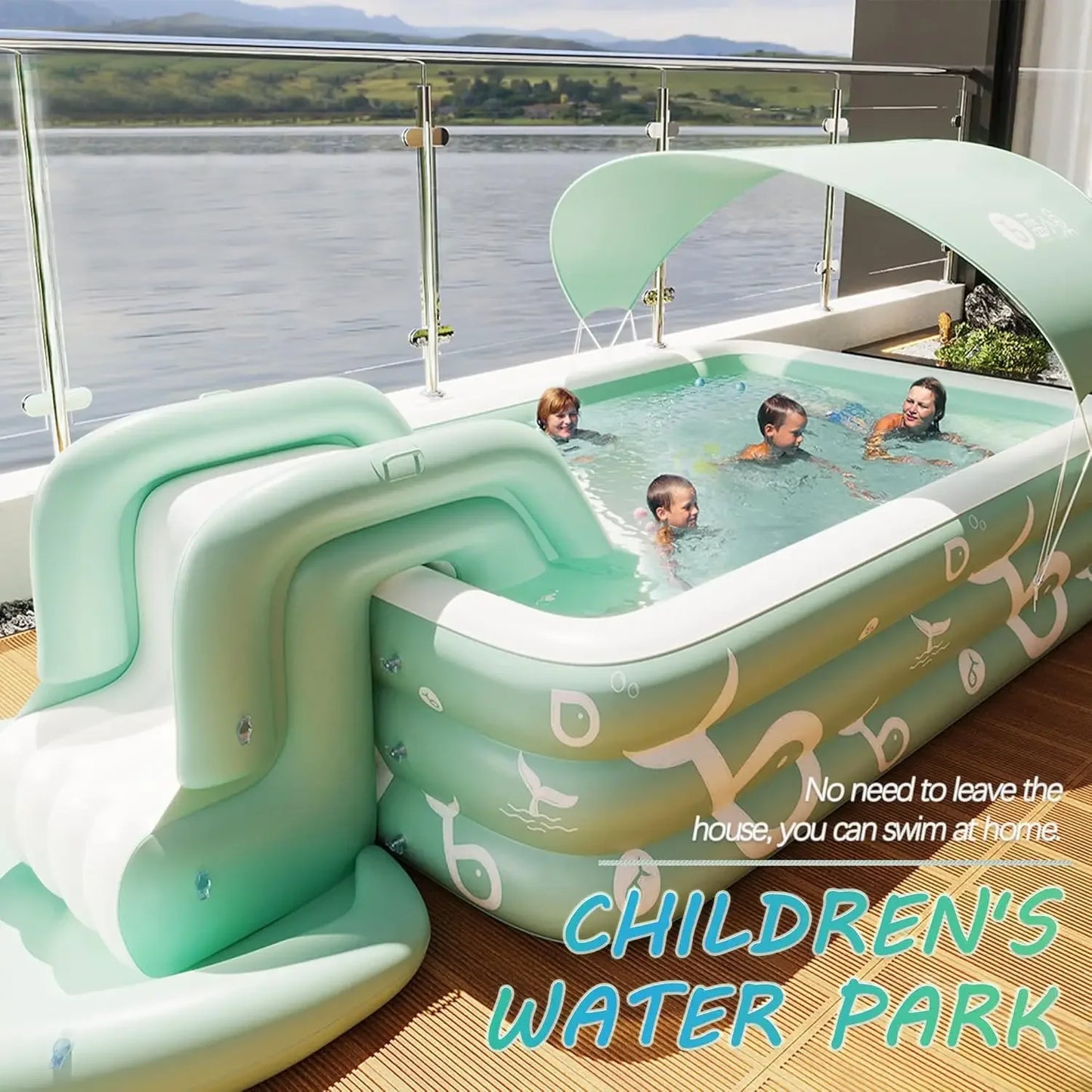 EZ Inflatable Pool with Canopy and Slide,Large Inflatable Swimming Pool for Persons,Family Pool for Backyard, Outdoor