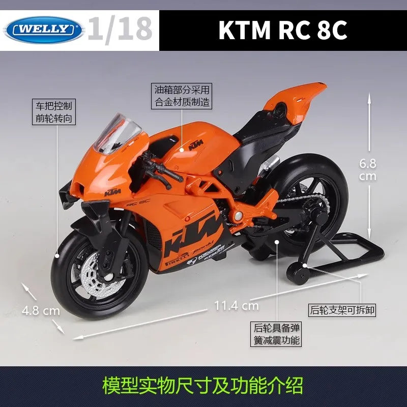 EZ Welly 1:18 KTM RC 8C Alloy Diecast Motorcycle Model Workable Shork-Absorber Toy For Children Gifts Toy Collection