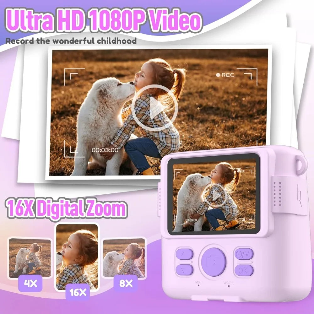 EZ Instant Print Camera for Kids, HD Digital Video Cameras, Portable Toy for 4-10 Year Old Girls Boys with 32GB SD Card-Purple