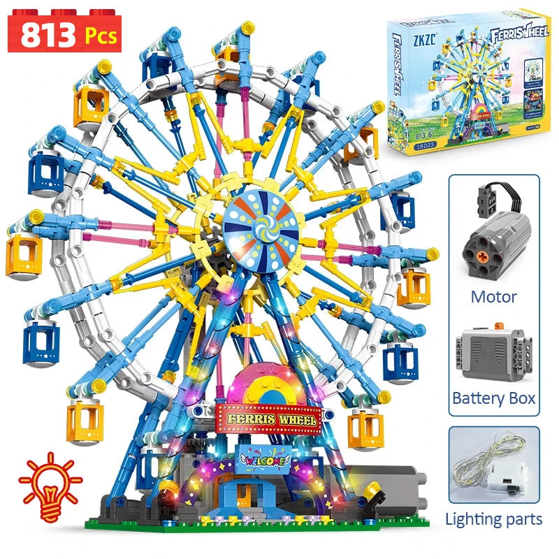 EZ ZKZC City Friends MOC Rotating Ferris Wheel Building Blocks Electric Bricks with Light Toys for Children Christmas Gifts
