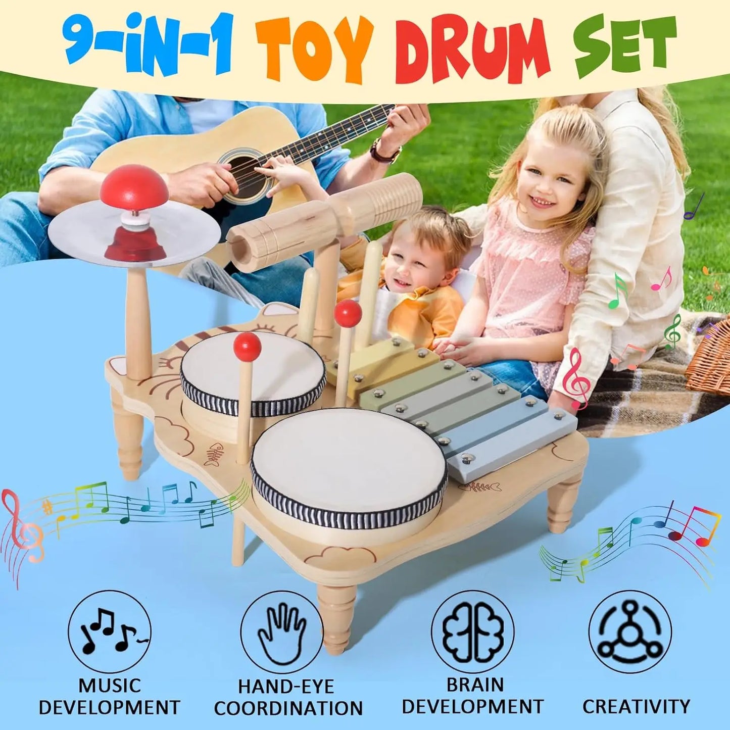 EZ Wooden Xylophone Drum Set For Toddlers,Montessori Baby Musical Instruments Toys, Drum Set Percussion Instruments Musical Toys