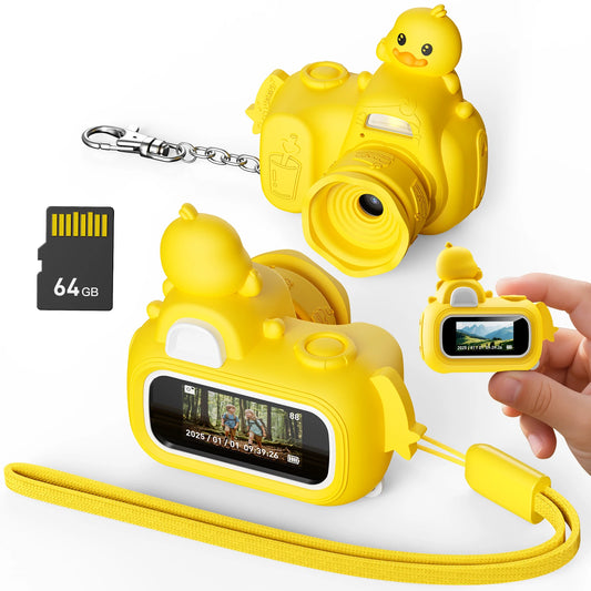 EZ Mini Keychain Camera FHD 1080p with 64GB SD Card Yellow Duck Toy Cameras Pocket Digital Camera Christmas Birthday Gifts for Kids