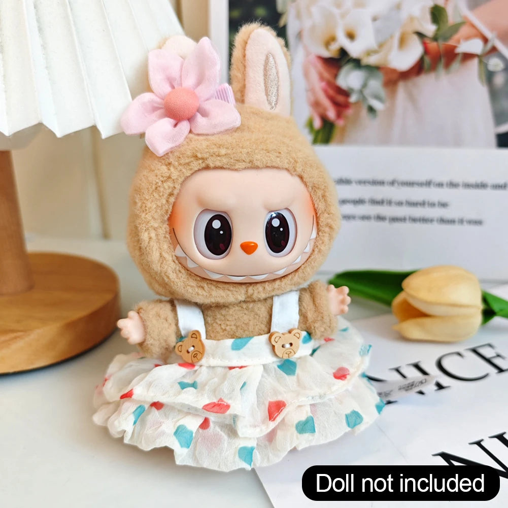 EZ Wrinkled Dress Knitted Straw Hat Vacation Style For 17cm Plush Doll Outfit Perfect Labubu Accessories Ropa Labubu