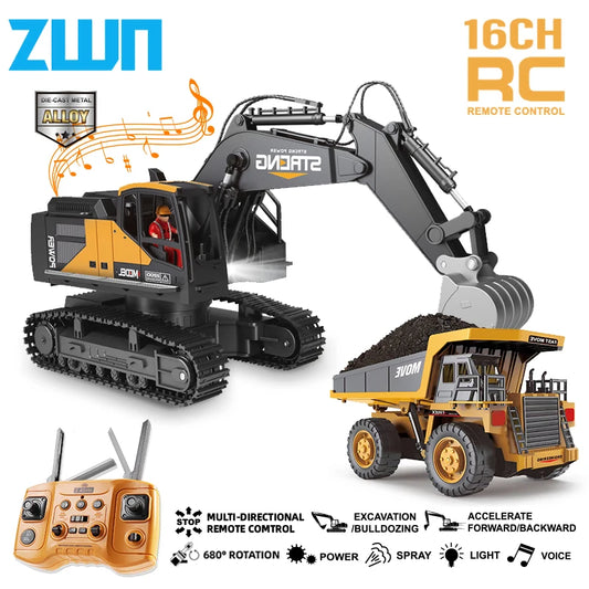 EZ ZWN 1/16 1/20 Remote Control Excavator Dump Truck RC Model Car Toy Professional Alloy Simulation Construction Vehicle for Kids