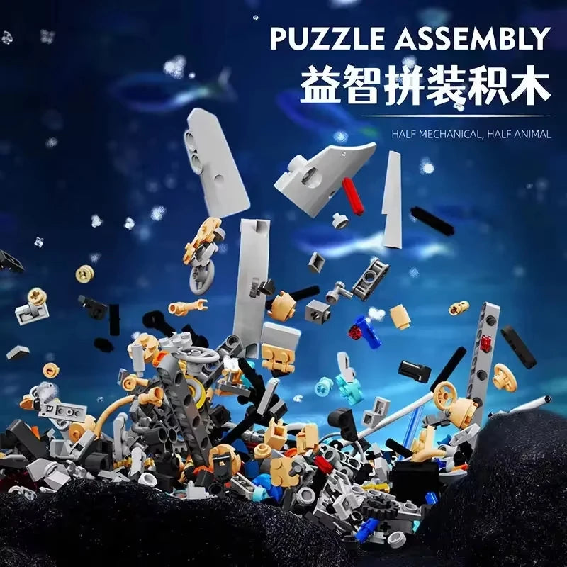 EZ Hot selling mechanical whale building block joint swimming with light tube, difficult to assemble toy, boy's New Year gift