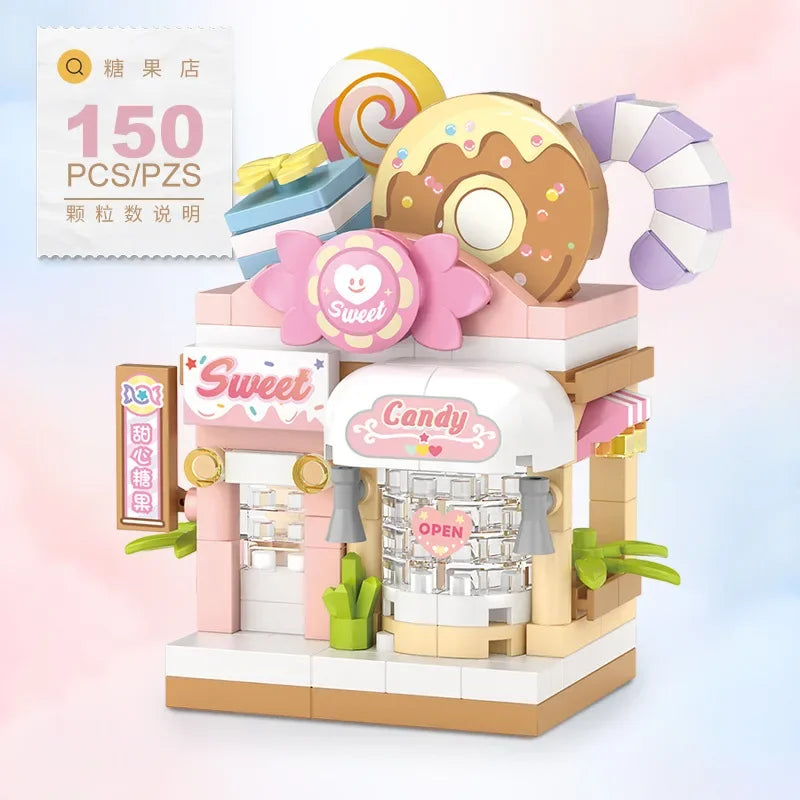 EZ Restaurant Dessert Coffee Pet Fruit Store Street View Food House Building Blocks Kit Girls Bricks Model Kids Toy Boy Child Gifts