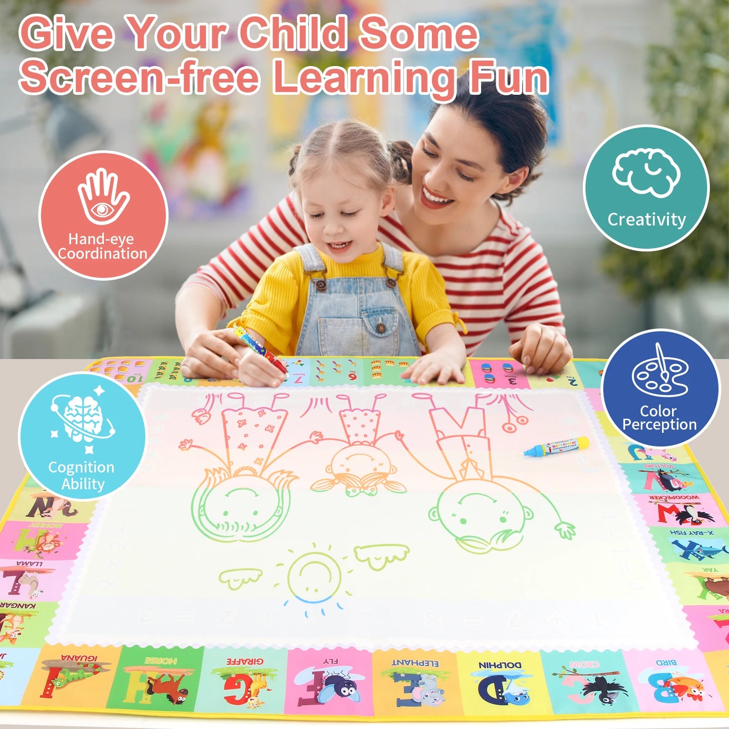 EZ 100x80CM Magic Water Drawing Mat with Reusable Magic Pens Doodle Montessori Painting Board Educational Toys Kids Gifts 39X31in