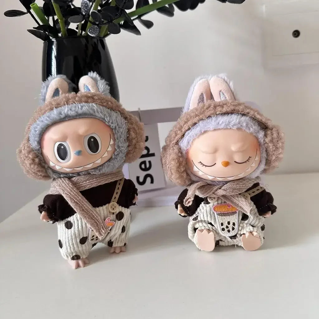EZ Mini Doll'S Clothes Outfit Accessories For Korea Kpop Exo 15-17cm Labubu Idol Polka dot overalls scarf earmuff set Clothing Gift