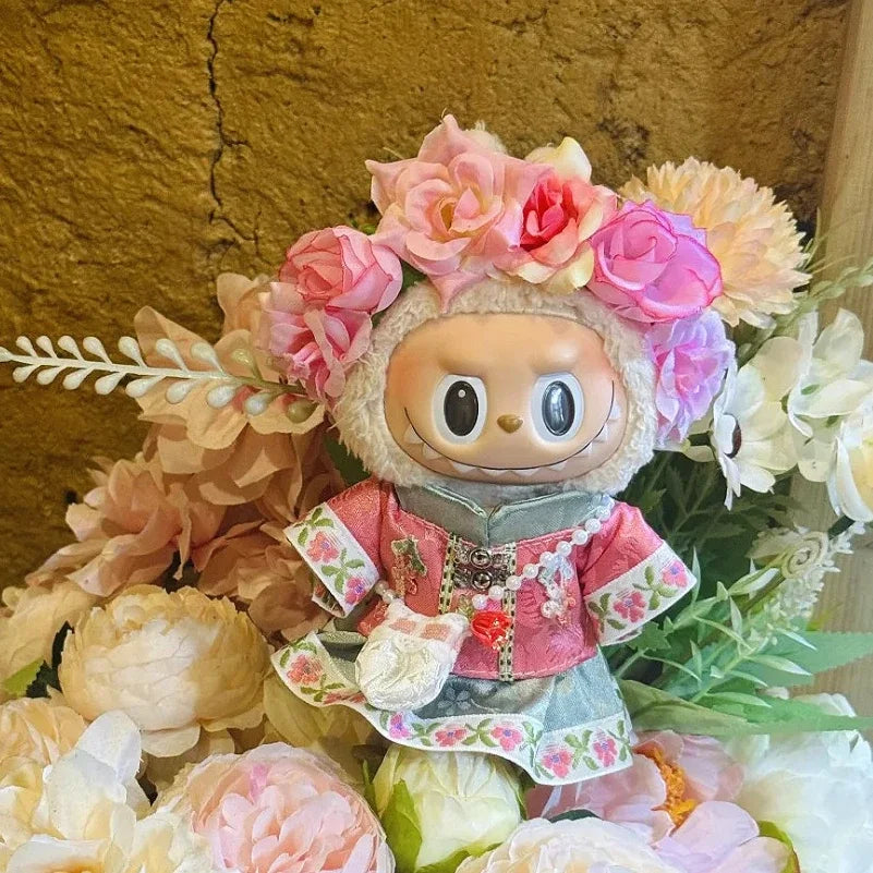EZ Chinese Qipao Hairpin Flower Dress for Labubu 3.0 Outfit Summer Countryside Princess Doll Clothes for V1/V2/V3 Labubu