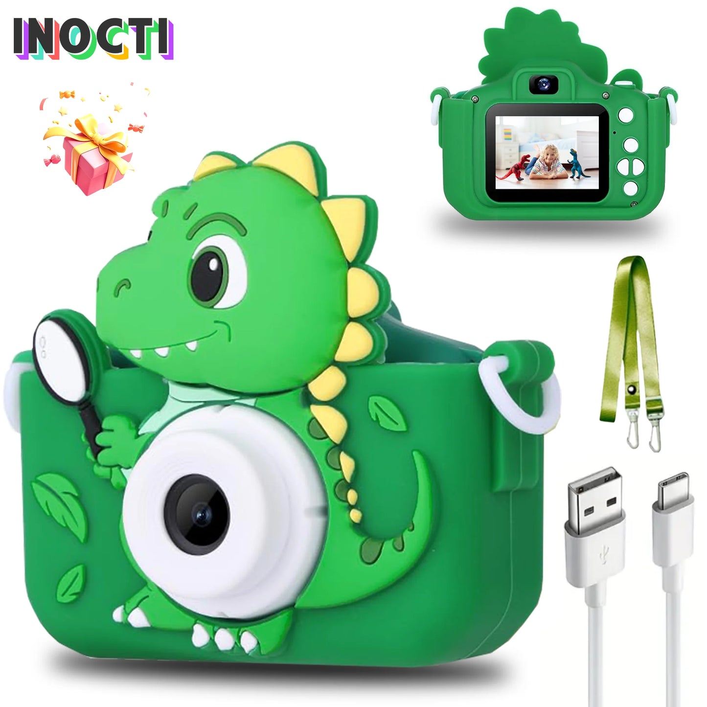 EZ Dinosaur Kids Toy Cameras 1080P HD Video Camera 48MP Dual Camera With Silicone Protective Cover 32GB Card Boy Girl Birthday Gift