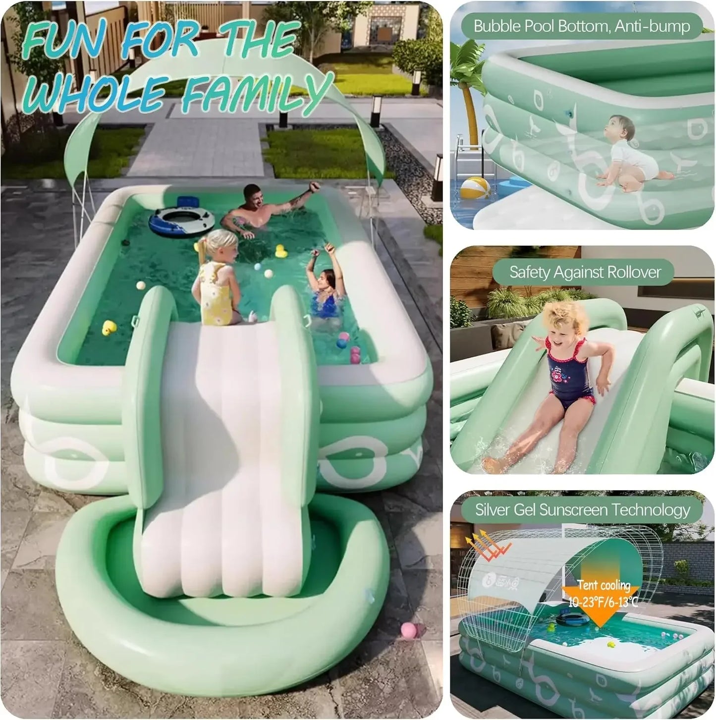 EZ Inflatable Pool with Canopy and Slide,Large Inflatable Swimming Pool for Persons,Family Pool for Backyard, Outdoor